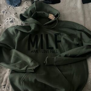 Gildan Olive Green Hoodie with Bold Print Man I love fall MILF